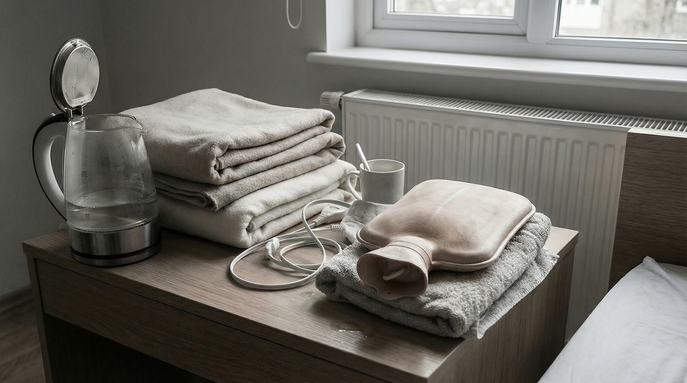 Common warmth tools arranged on a bedside table